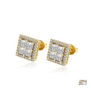 Stud Unisex Fashion Earrings Mens Hip Hop Jewelry Iced Out Square Cz Diamond Stud Gold Sier Women Drop Delivery Dh9Bk