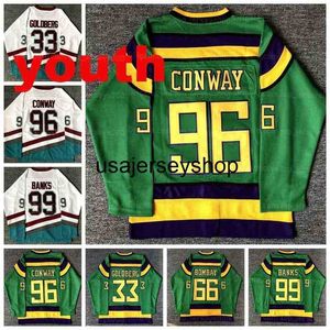 College Hockey nosi młodzież dla dzieci Mighty Movie Jersey #33 Greg Goldberg #96 Charlie Conway #99 Adam Banks #66 Gordon Bombay