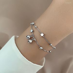 Link Armbanden PANJBJ 925 Stempel Zilver Kleur Dubbellaags Ster Armband Voor Vrouwen Meisje Kleine Bel Frosting Sieraden Gift Dropship groothandel