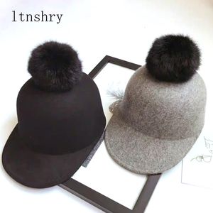 Ball Caps Winter Keep warm Wool Felt Hats Women Wool Fedoras Hat Retro Equestrian Knight Caps Female Rabbit Fur Ball Baseball Cap 221202