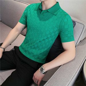 メンズTシャツ2022夏の格子縞半袖TシャツヴィンテージグリーンVネックニットポロシャツストレッチスリムラペルカジュアルビジネスソーシャルポロスメンT221202