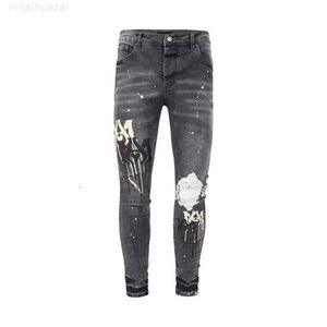 Herren-Jeans, Designer-Jeans, Kleidung, Am-Jeans für Herren und Damen, Panther-Druck, Armeegrün, lang, Distressed-Baumwolle, Kaninchen-Aufkleber, Stickerei, schmaler Denim, gerade, Biker-Skinny