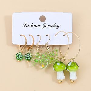 3pairs/set Green Color Acrylic Flower Butterfly Dangle Earrings Set for Women Girls Cute Trendy Mushroom Earring Statement Jewelry