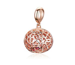 Rose Gold Plated Clover Hollow Ball Dangle Charms f￶r flickor 925 Sterling Siver Charm Pendant Jewelry Gifts7243993