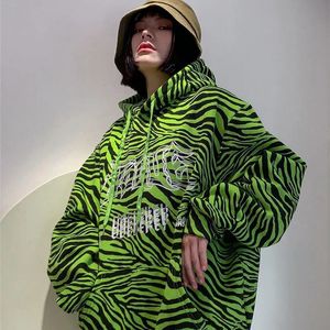 Kvinnors hoodies tröjor streetwear lösa tröjor kvinna zebra tryck neongrön överdimensionerad harajuku koreansk student mode kappa damer tröja 221201