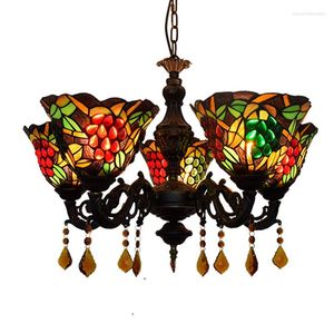 Pendant Lamps European-Style Creative Tiffany Stained Glass Living Room Dining Bedroom Bar Club Villa Grape 5 Crystal Chandelier Lighting