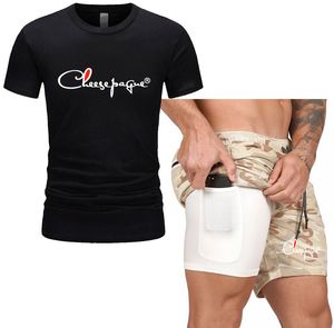 Termo esportivo masculino Treno de ver￣o T-shirt Breathable 2 Pe￧as Homem Men Solid Color Fitness Gyms Running Sportswear Male 2023 Novo