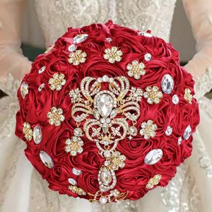 Decorative Flowers Golden Rhinestone Brooch Wedding Bouquet For Bride Bridesmaid High Quality Ribbon Many Size And Colors W299A