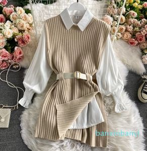 Women's Vests Spring Autumn Women's Lantern Sleeve Shirt Knitted Vest Two Piece Sets Of College Style Waistband Top