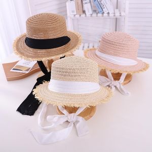 Chapéus de verão criança Cirls Raffia Straw Hat Kids Flat Brim Outdoor Beach 'Bap com fita respirável redonda Fedora