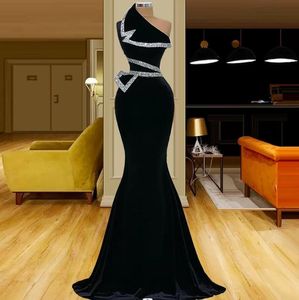 2023 Black Velor One Shoulder Mermaid Evening Dresses Diamond Custom Made Long Prom Gowns Robes de Soiree BC14345GC1202
