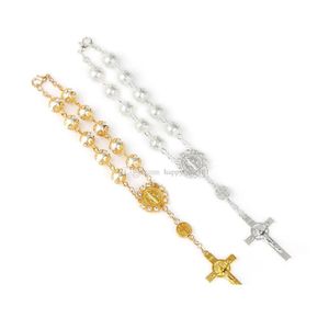 Beaded Gold Sier Lace Glass Imitation Pearl Catholic Rosary Bracelet Prayer Beads Jesus Cross Beaded Bracelets Statement Jewelry Dro Dhkwj