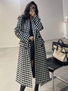 Women's Wool Blends Fashion Houndstooth Woolen Coat Woman Winter Thick and Warm Long Ladies Autumn Casual Suit Collar Top Clothes 221201