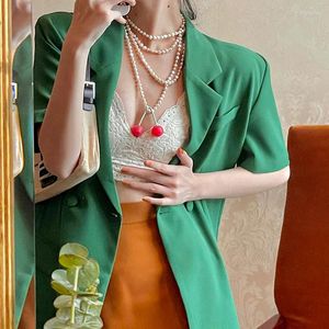 Kvinnors kostymer vintage kortärmad grön kostym jacka casual vår och sommar 2022 mode tunt temperament retro fasta kvinnor kläder