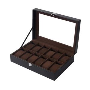 Watch Boxes Cases 12 Slots Holder Storage Case Organizer Black Brown PU Leather Display regalos para hombre 30x20x8cm 221202