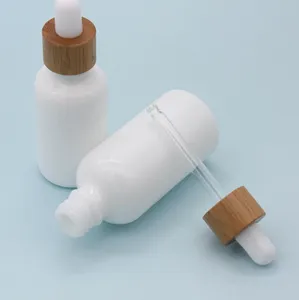 Opal White Glass Bottle 15ml 30ml 50ml with Bamboo Dropper 1OZ Wooden Refillable Essential Oil Bottles Porcelain