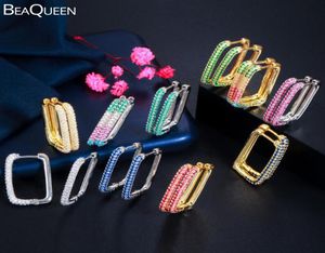 Beaqueen 2021 Designer Women Earrings Micro Pave Cubic Zirconia Crystal Pink Green Gold Hoop Earrings Huggies E426 Huggie7322611