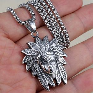 Engrave Indian Head Portrait Pendant Necklace Ancient Silver Stainless Steel Necklaces for Women Men Hiphop Fine Fashion Jewelry