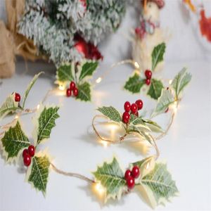 Kwiaty dekoracyjne 2023 Świąteczne światła LED Wreath Holly Garland Artificial Flower for Xmas Home Deco Aquifolium Mieście Ozdoby Ozdoby