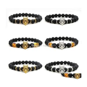 Bracelets de charme Moda Sier Gold Dragon Head Natural Black Lava Stone Elastic Aromaterapia Difusor de ￳leo essencial F DHG8E