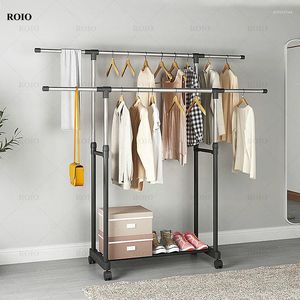 Clothing Storage Double Rod Drying Rack Metal Floor-standing Movable Clothes Hanger Adjustable Wardrobe Closet Home Office Coat With Wheels