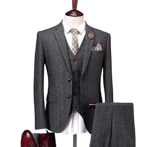 Men s Suits Blazers 3 Pieces Notch Herringbone Tuxedo Tweed Blazer Slim Fit Winter Grey Coat Wedding Groom Blazer Vest Pants 221202