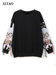 Women's Jackets XITAO Black Long Sleeve Sweatshirts Patchwork Print Tassel Pullover Harajuku Hoodie Clothes XWW2734 221201