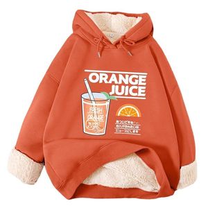 女性用ジャケット秋の冬のコート服のカシミア内側の子羊のパーカースウェットシャツ女性ファッションオレンジジュースプリントアウターウェアトップジャンパー221201