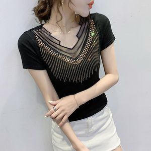 Women's T Shirts Korean Summer Patchwork Mesh T-shirt Women's Black White Tshirt Tops Drill Beading Slim Shirt Short Sleeve Tees