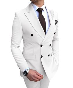 Abiti da uomo Blazer Abito bianco 2 pezzi Doppio petto Risvolto con risvolto Piatto Slim Fit Smoking casual per giacca da sposa Pantaloni 221201