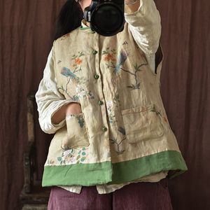 Coletes femininos johnature vintage botão de outono de impressão de linho floral sem mangas o pescoço bolsos quentes 221202