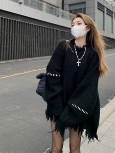 Maglioni da donna QWEEK Gothic Harajuku Black Pullover Oversize Women Mall Goth Top Streetwear Moda coreana 2022 Autunno Maglieria