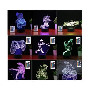 Nattljus 3D LED -lampor Remote Control 16 F￤rg Byte Touch Night Light Acrylic Plates MTI Shape Optical Illusion Bas Lamp vid OT1WV