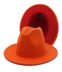 Новый апельсин с красными нижним шляпами федоры Женщины цельная искусственная шерсть широкая края двухтога
