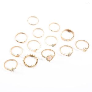 Wedding Rings Gold Color Crown Ring Sets Women Midi Finger Knuckle Rhinestone Crystal Hollow Charm Moon Star Knot Heart Jewelry 13 Pcs