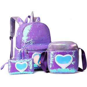 Mochilas 3pcs Conjunto de lantejoulas Unicorn Backpack Fashion Girl Glitter School Bag Girls Girls Holograma Laser PU PU Travel 221203