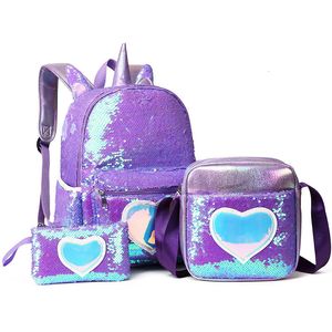 Zaini 3 pezzi set Paillettes Zaino unicorno Fashion Girl Glitter Borsa per libri scolastici Ragazze Carino ologramma Laser PU Pelle da viaggio 221203