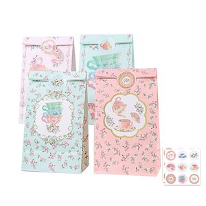 Gift Wrap 12pcs Tea Party Favors Candy Bags with Stickers Floral Paper tea Goody Treat Themed Birthday decor 221202