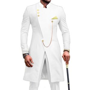 Mäns kostymer blazrar afrikansk kostym för män solida vita långa jackor och byxor 2 stycken smal passform formella kläder bröllop kostym homme klassisk blazer set 221202