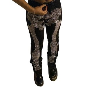 Jeans masculinos pretos letra de perfura￧￣o magra e magro de luta de streetwear punk cal￧as de jeapis de jeans de jeans y2k 221202