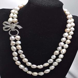 2Rows淡水真珠の白いバロック9-10mmネックレスネイチャービーズ卸売20-22インチ