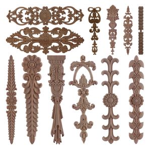 Decorative Objects Figurines RUNBAZEF 1PC Wood Appliques Unpainted Oak Carved Wave Flower Onlay Decal Corner Home Furniture Door Decor Crafts 221203