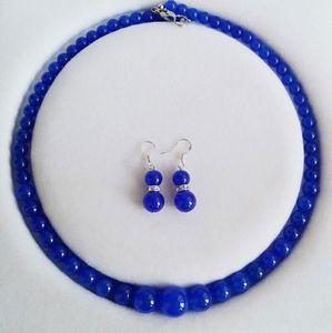 Vacker naturlig 6-14mm blå jade rund ädelsten halsband örhängen set 18 '' aaa