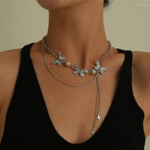 Chains Trendy Luminous Pearl Three Butterfly Necklace Women's Double Layer Tassel Cross Star Awn Gift