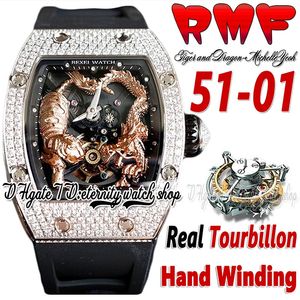 RMF ys51-01 Mens Watch Real Tourbillon Hand Winding 3D Gold Dragon Tiger Totem Dial Steel Diamonds Case Black Rubber Strap 2022 Super Edition Sport eternity Watches on Sale