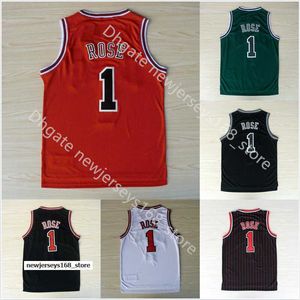 Trikot Herren genäht 1 Derrick Rose Trikot Stickerei Basketball Schwarz Rot Weiß Grün Herren Trikots Größe S-2XL