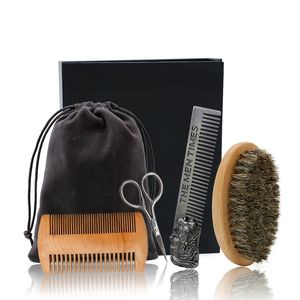 Makeup Tools Beard Brush Set Double-Sided Styling Comb Scissor Repair Modeling Cleaning Care Kit For Men Wood with Bag 221203