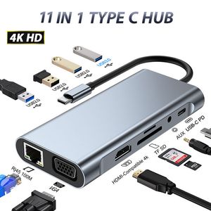 USB C HUB Dock Station zu HDMI-kompatibel 4K VGA Rj45 Thunderbolt 3 Adapter Hub 3.0 TF SD Reader PD AUX für PC