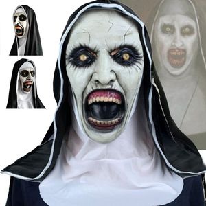 Maski imprezowe Horror straszna zakonnica maska lateksowa WHeadscarf Valak Cosplay na kostium na Halloween maski na twarz z nakryciem głowy 221203