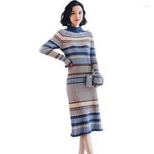 Casual Dresses Celebrity Fashion Dress High Collar Long Knit Pullover Sweater Autumn Winter Quality Stripe Women's Vestidos A1047